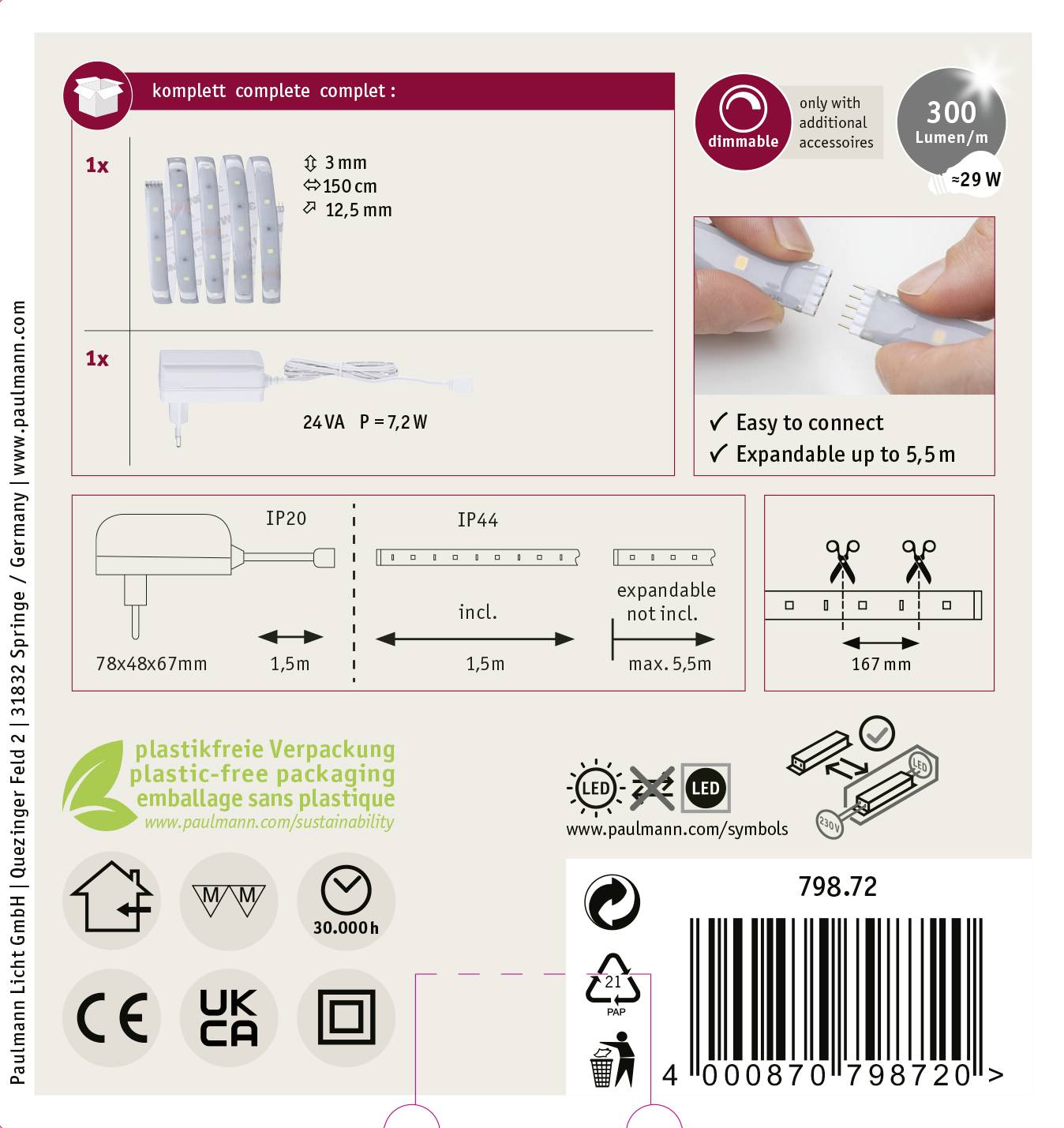 'Produktverpackung einer LED-Leuchtkette. Enthält 3mm flexible LED-Leisten, erweiterbar bis 5,5m, 300 Lumen. Energiesparend.'