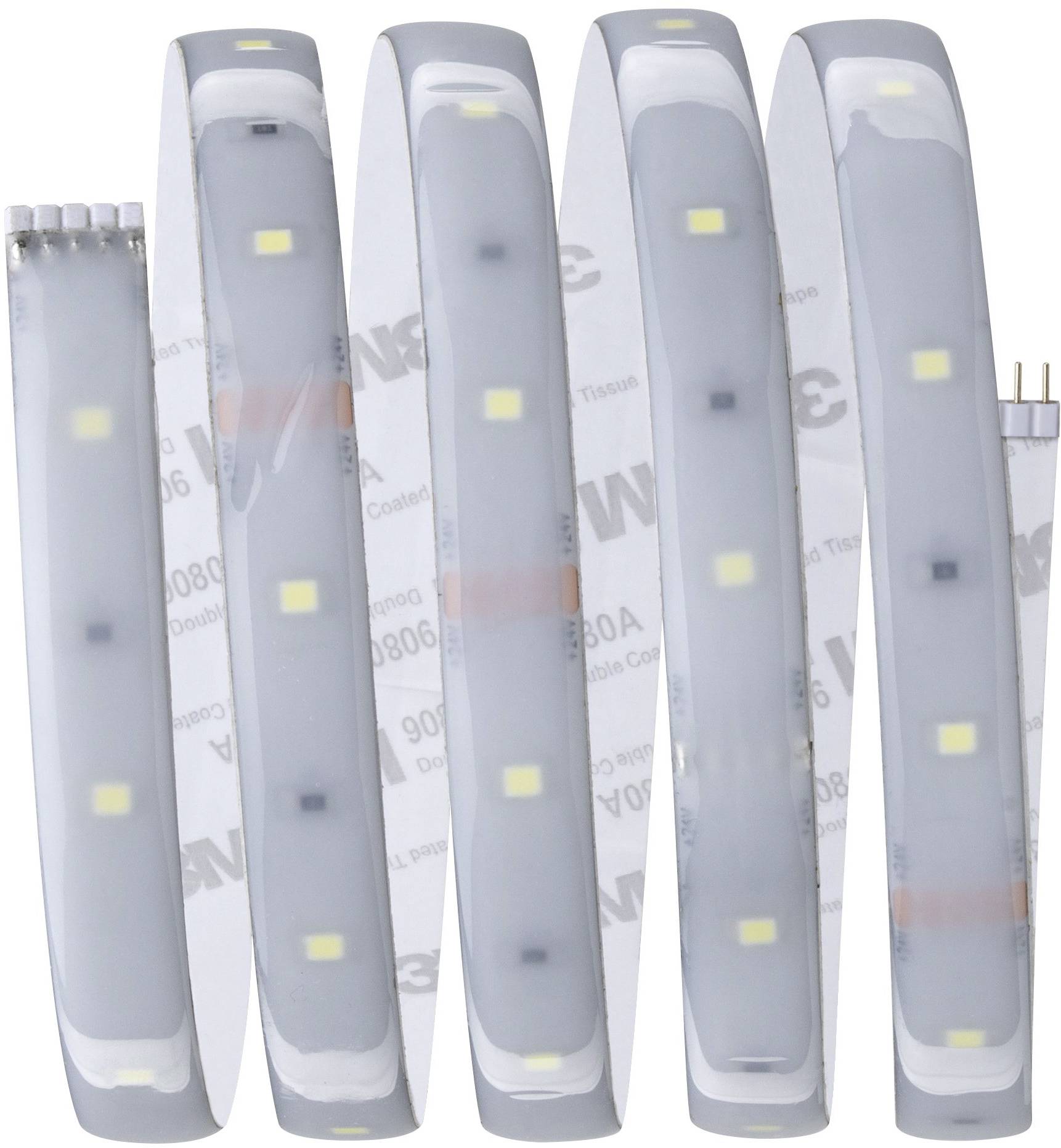 Mehrere aufgerollte LED-Streifen, die Lichtpunkte enthalten, vor einem neutralen Hintergrund.