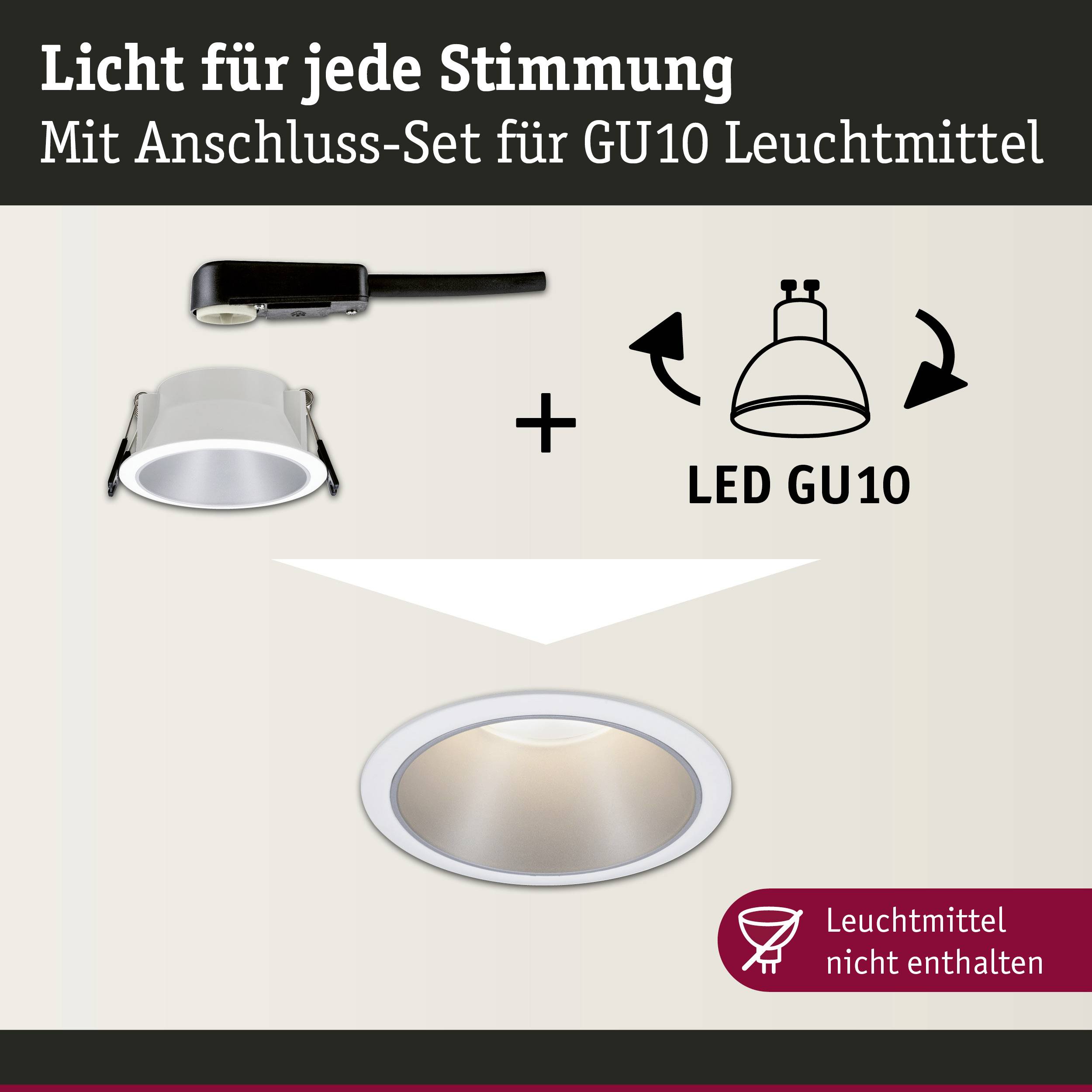 'Angebot für Anschluss-Set von GU10 Leuchtmitteln mit LED GU10. Text "Licht für jede Stimmung". Leuchtmittel nicht enthalten.'