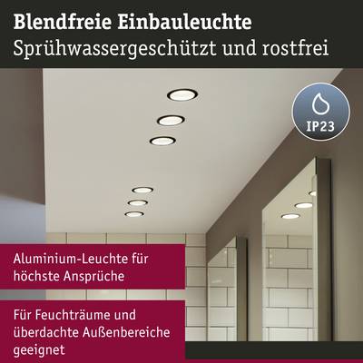 Blendfreie Einbauleuchten, spritzwassergeschützt und rostfrei (IP23). Ideal für feuchte und überdachte Außenbereiche, Aluminium.