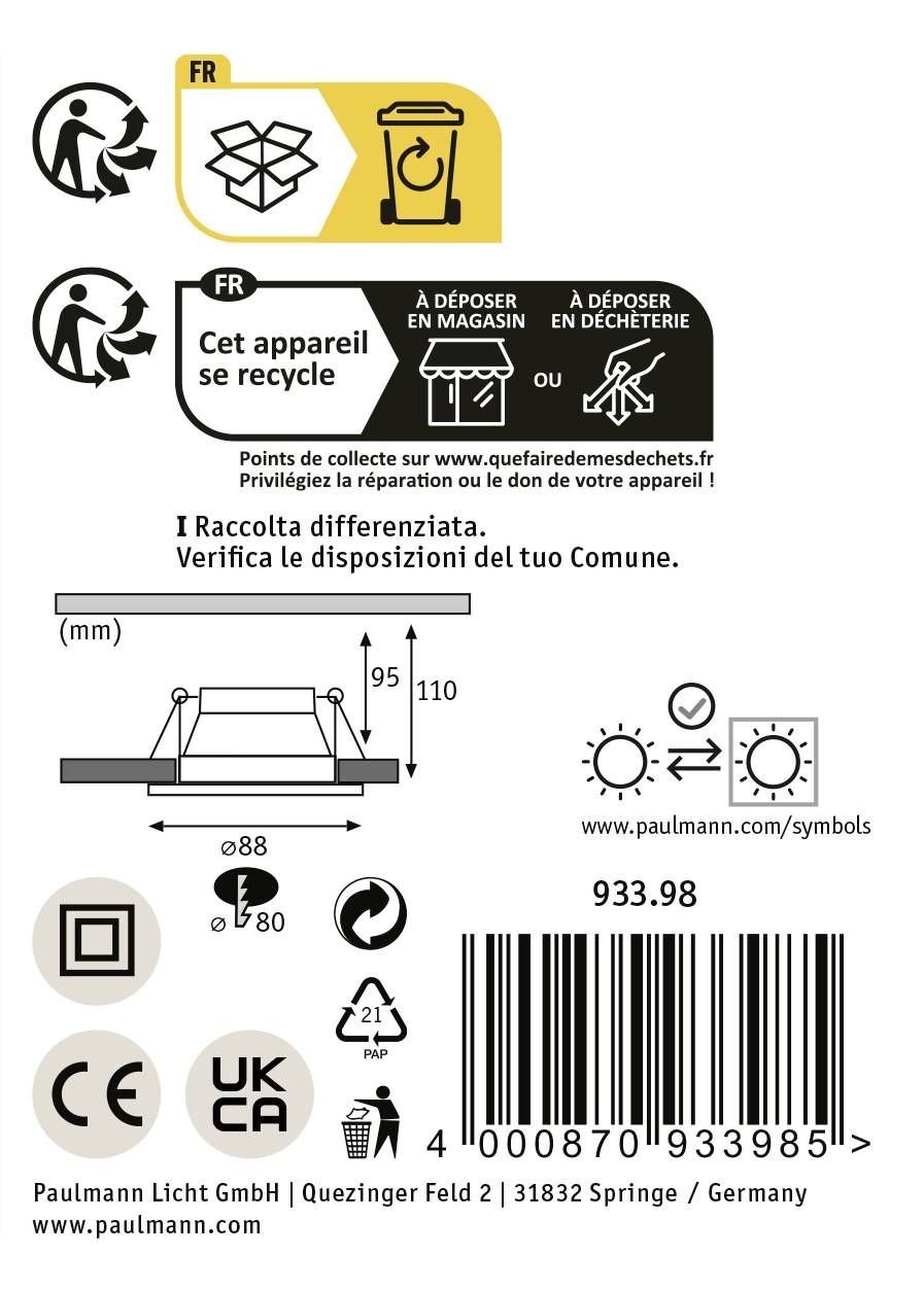 Etikett zeigt Symbole zur Entsorgung und Recycling einer Lampe. Enthält Anweisungen in Französisch und Italienisch sowie technische Maße.