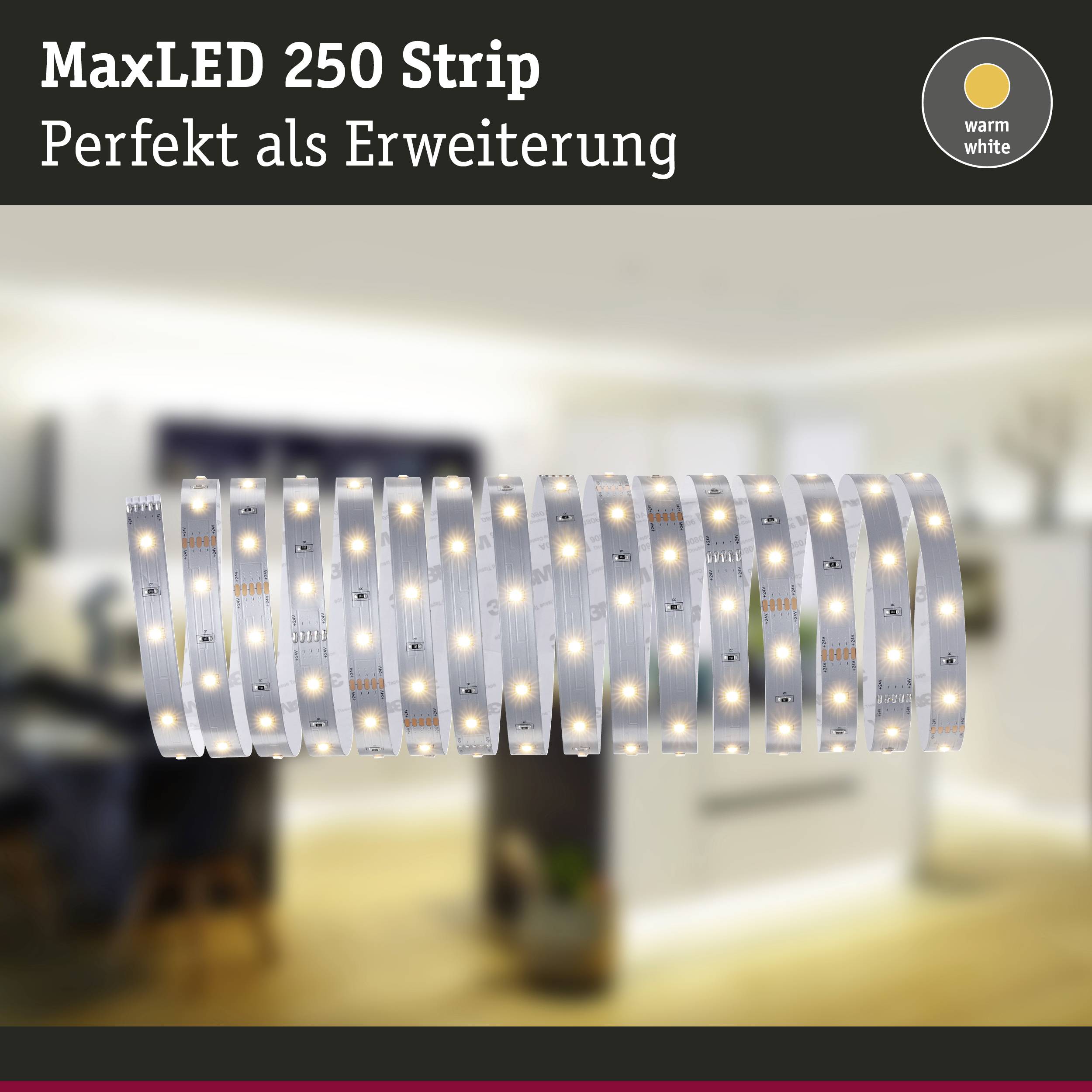 'MaxLED 250 Strip' in einem modernen Wohnzimmer. Text: 'Perfekt als Erweiterung'. Lichtfarbe: warmweiß.