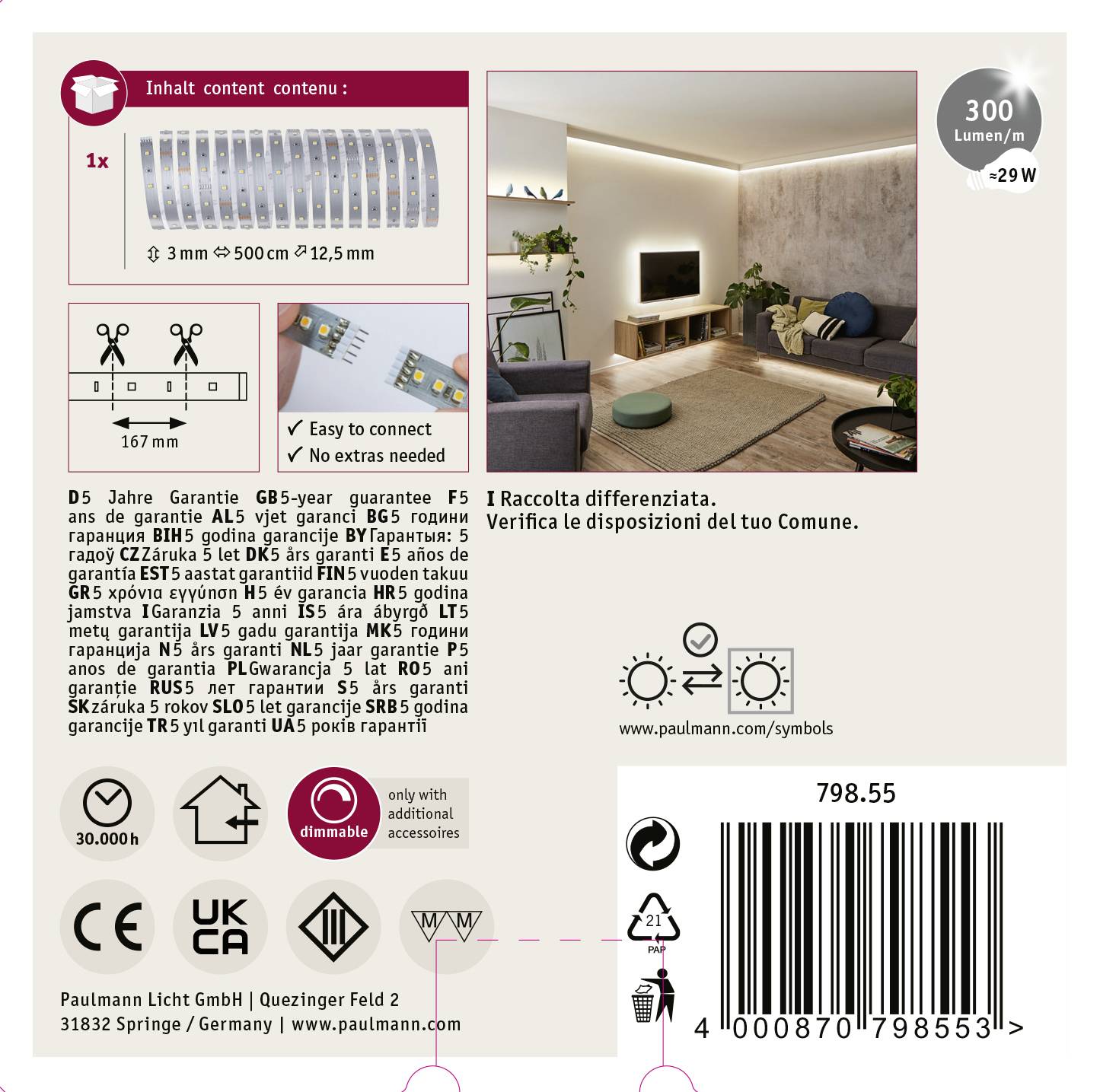 'Paulmann LED-Strip Set, 5m, 30W, 2700 Lumen. Enthält 1x LED-Strip 3mm x 500cm, dimmbar, mit Fernbedienung. 5 Jahre Garantie.'