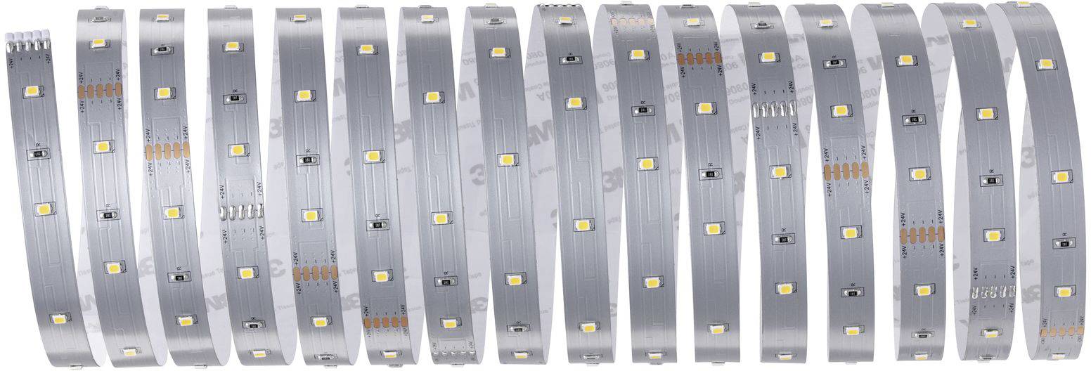 Langer LED-Streifen mit mehreren gelben Lichtern gleichmäßig verteilt auf einer flexiblen, silbernen Oberfläche.