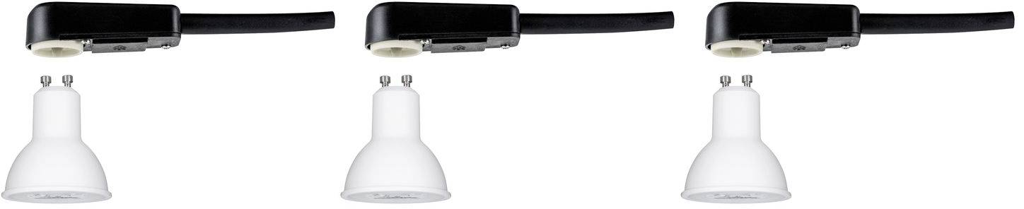 'Drei GU10-Lampen mit schwarzem Kabeladapter in einer Linie angeordnet. Die Lampen haben eine weiße, matte Oberfläche.'
