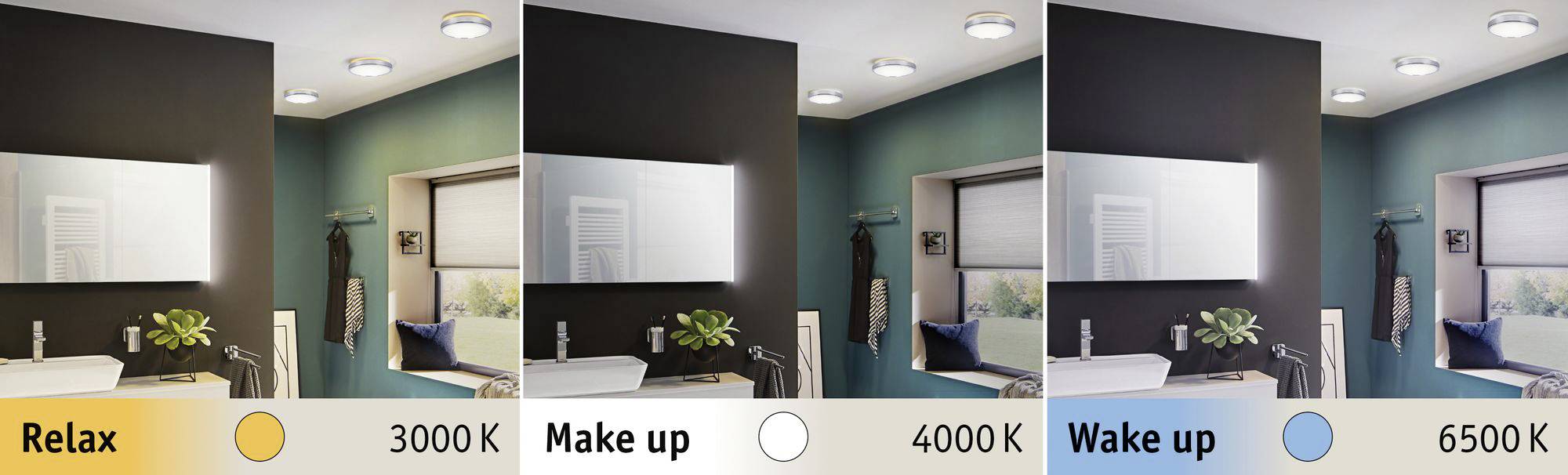 Die Abbildung zeigt drei Beleuchtungsvarianten eines Badezimmers: 'Relax' (3000 K, warm), 'Make up' (4000 K, neutral) und 'Wake up' (6500 K, kalt).