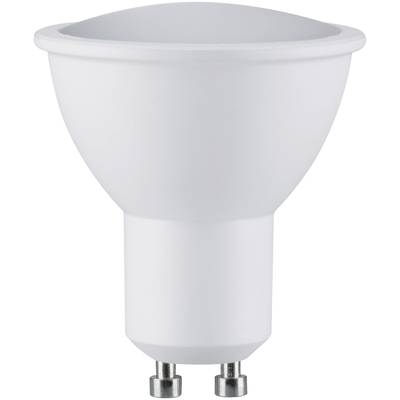 Eine weiße LED-Lampe mit GU10-Sockel, konisch geformt, steht aufrecht vor einem neutralen Hintergrund.