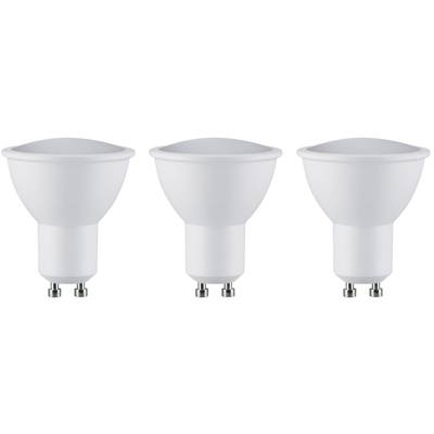 Drei LED-Glühbirnen, Modell GU10, nebeneinander. Sie sind weiß und haben einen zylindrischen Sockel.