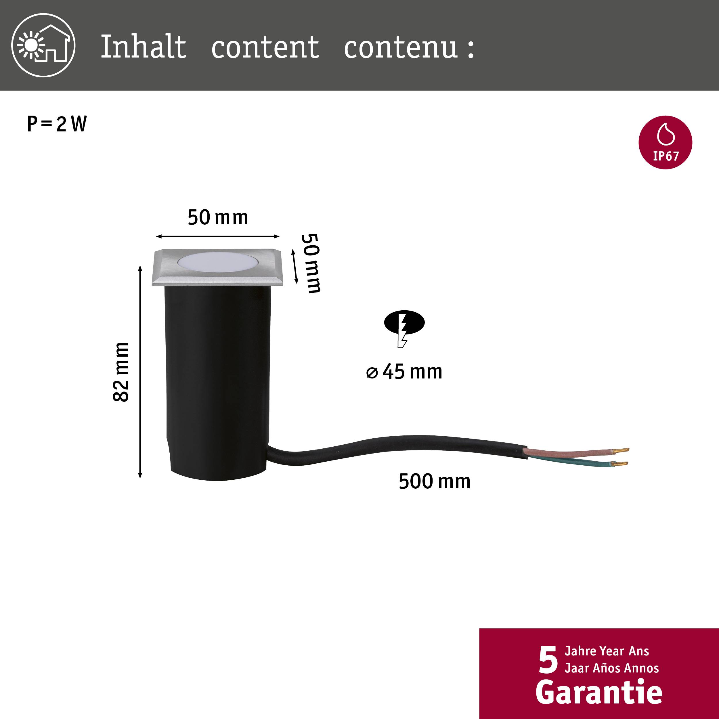 Einbauleuchte mit 2W Leistung, Maße 82x50mm, Schutzart IP67, 5 Jahre Garantie. Gesamtgröße 82x50mm, Lichteinlass 45mm Durchmesser.