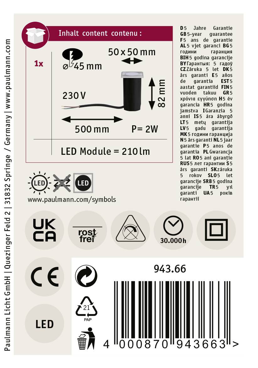 'LED-Leuchtmodul' mit Angaben: 50x50mm, 230V, P=2W, 500mm Länge. UKCA und CE-Zeichen. Hersteller: Paulmann Licht GmbH, Deutschland.