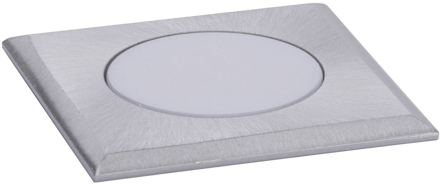 Flache, quadratische LED-Leuchte aus gebürstetem Metall mit kreisförmigem Leuchtfeld in der Mitte, geeignet für moderne Innenräume.