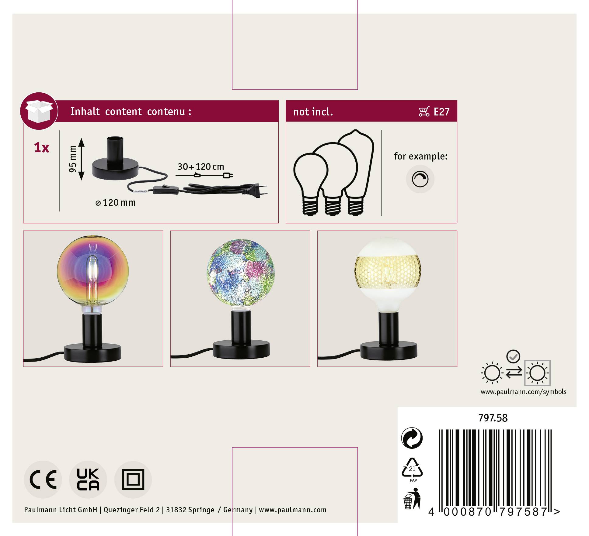 Verpackungsrückseite einer Tischlampe; zeigt den Inhalt (Sockel, Kabel) und Beispiel-Glühbirnen. Text in mehreren Sprachen, Symbole unten.