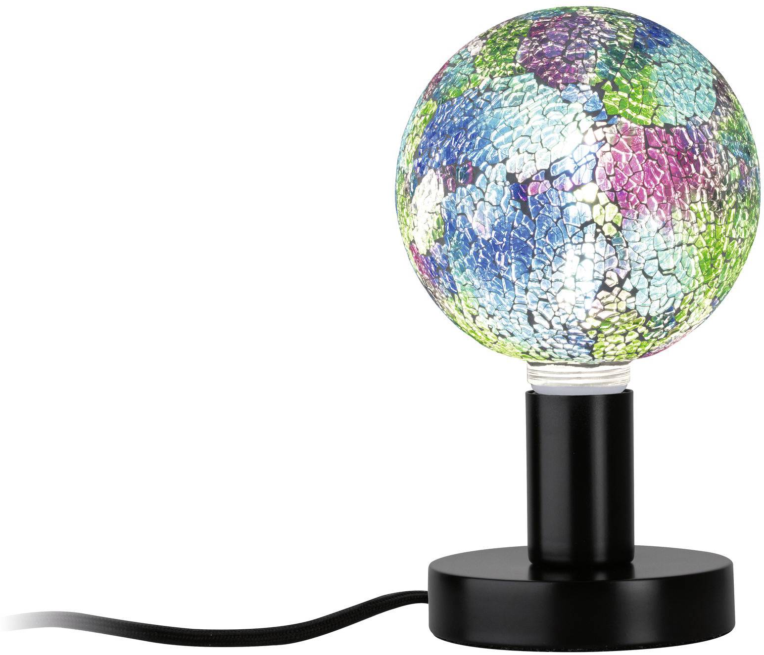 Bunte Mosaik-Glühbirne auf schwarzem Lampensockel mit Kabel; leuchtet in verschiedenen Farben.
