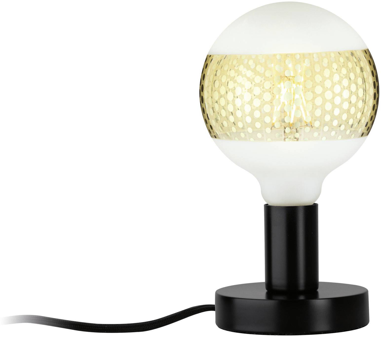Kleine Tischlampe mit kugelförmigem, gemustertem Lampenschirm auf schwarzem Sockel, verbunden mit einem Kabel.