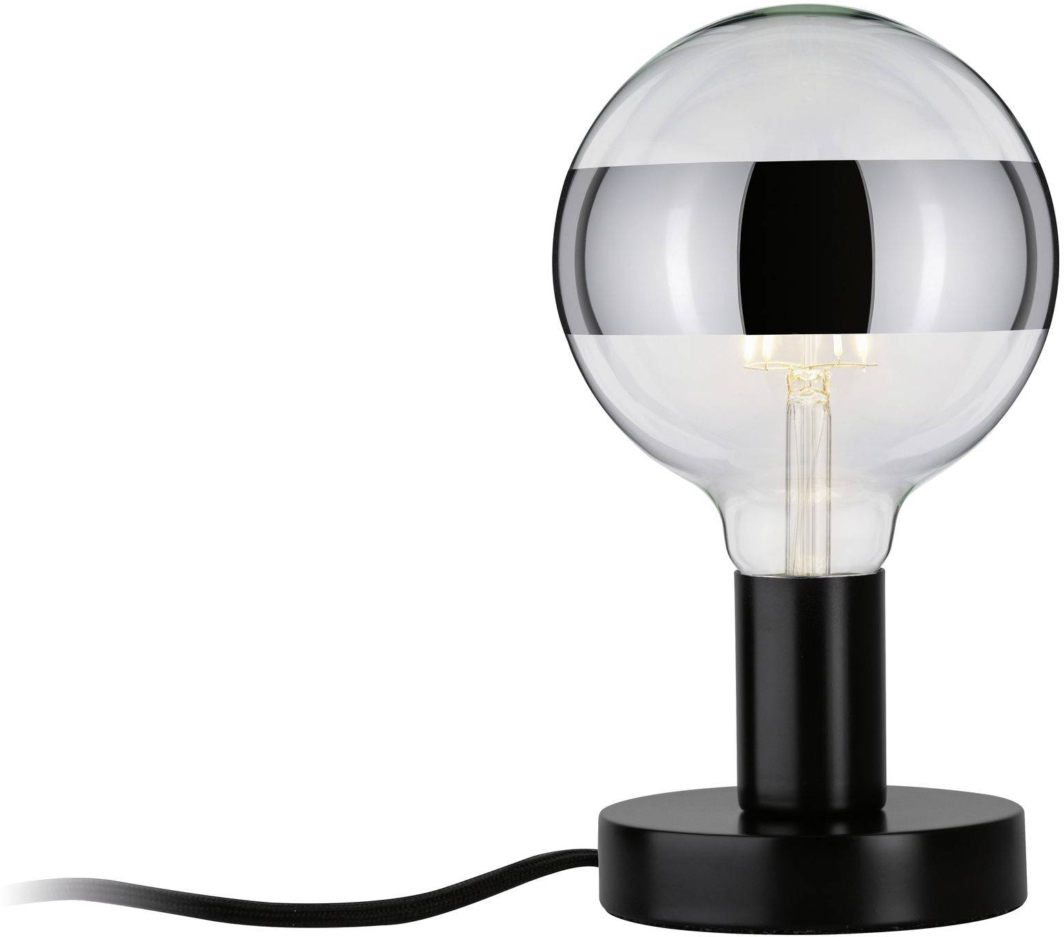 Transparentes, kugelförmiges Glas mit zwei silbernen Streifen auf einem schwarzen Sockel, an einen schwarzen Stromkabel angeschlossen.