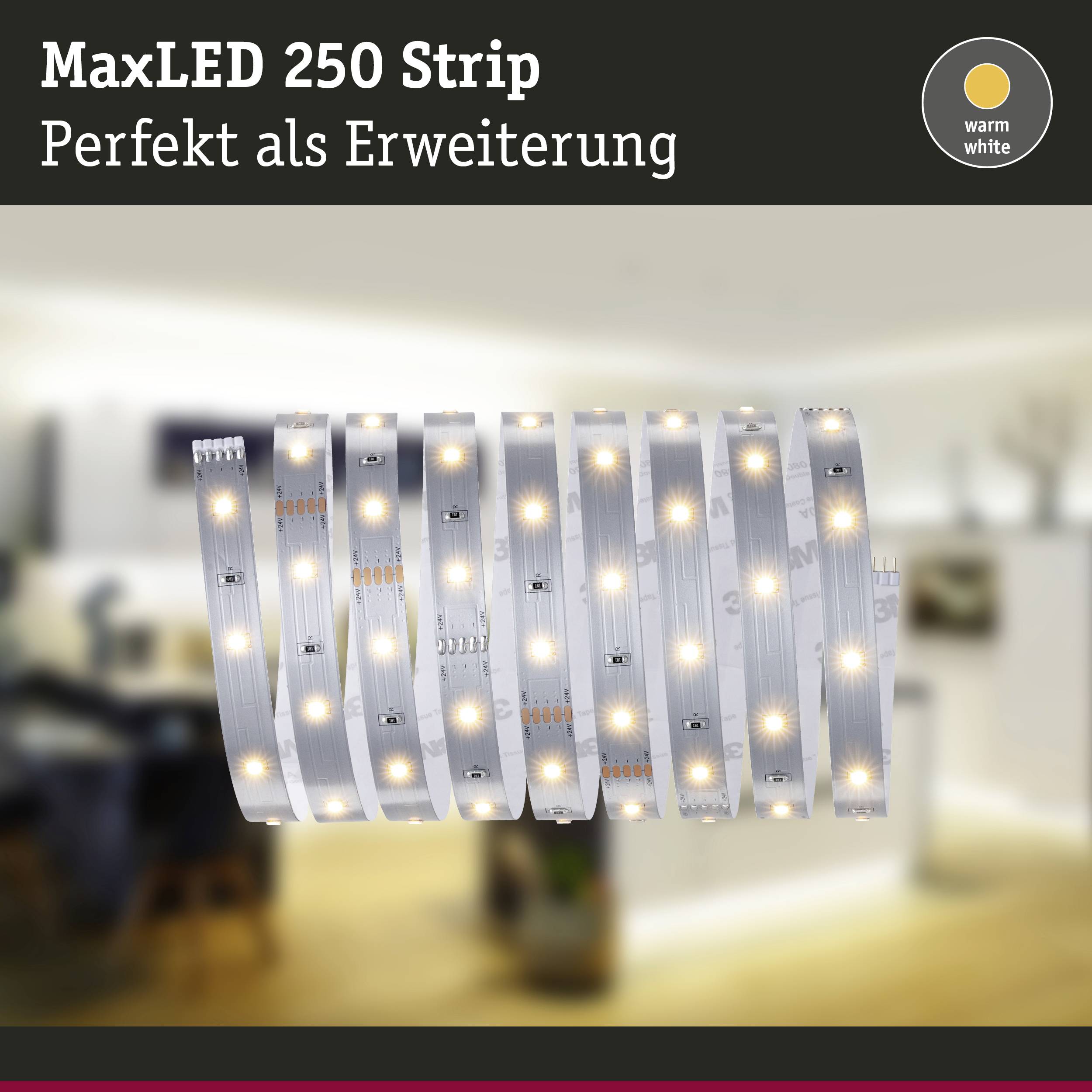 'MaxLED 250 Strip, Perfekt als Erweiterung, warm white.' LED-Lichtstreifen dargestellt auf unscharfem Hintergrund eines Wohnzimmers.