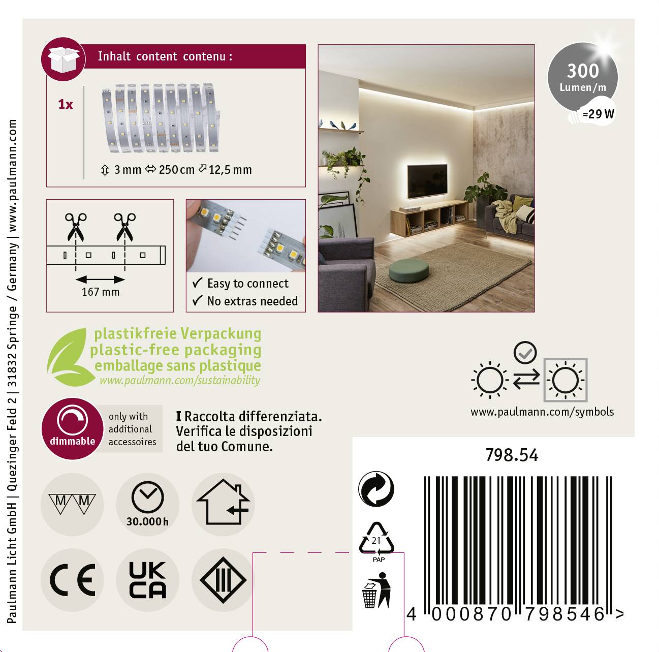 'Produktverpackung mit LED-Lichtstreifen 3m, 300 Lumen, dimmbar. Inklusive Zubehör. Bild eines modernen Wohnzimmers mit Beleuchtung.'
