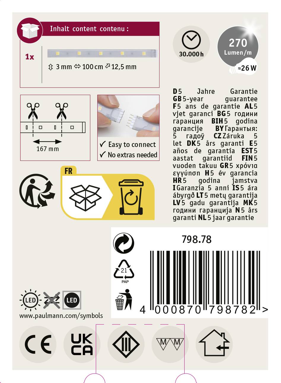 'Inhalt content contenu:' Produktverpackung für eine LED-Lichtleiste. Zeigt Maße, Leistung (30.000h, 270 Lumen/m, 26W), Symbole für Montage und Garantieinformationen (5 Jahre).