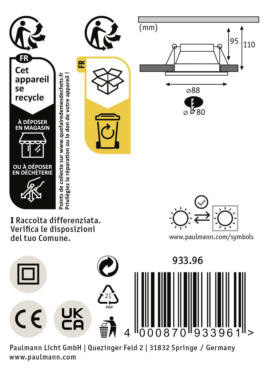 'Schema eines LED-Leuchtenmoduls mit Entsorgungshinweisen und Symbole für Recycling, Energieeffizienz, und CE-Zertifizierung.'