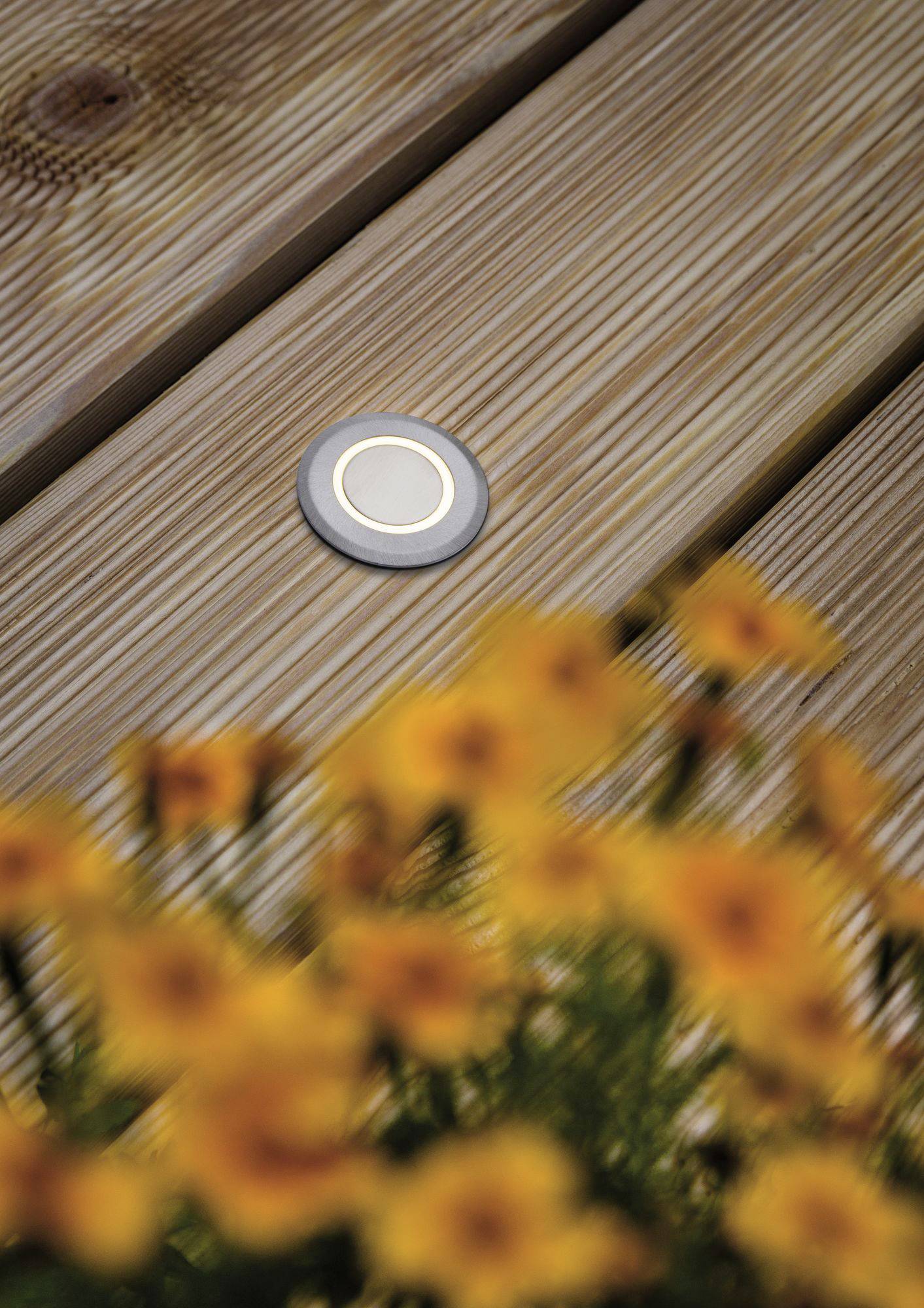 Blumen im Vordergrund, unscharf. Im Hintergrund ist ein Holzdeck mit einem eingelassenen, runden Bodenspot zu sehen.