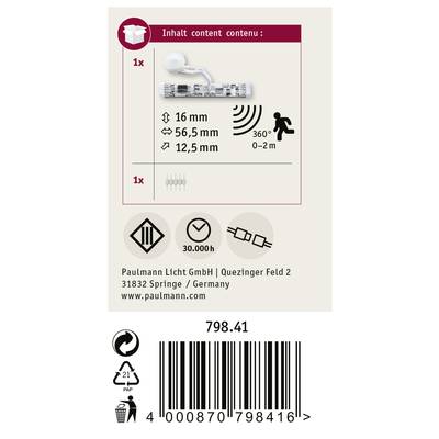 'Bewegungsmelder mit Sensor; Reichweite 0-2m, 360°. Enthält 1 Bewegungsmelder, 1 Batterie. Paulmann Licht GmbH, 798.41, Barcode unten.'