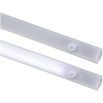 Zwei längliche LED-Lichtleisten, eine leuchtend und eine ausgeschaltet, auf weißem Hintergrund. Sie zeigen Installationsmöglichkeiten.
