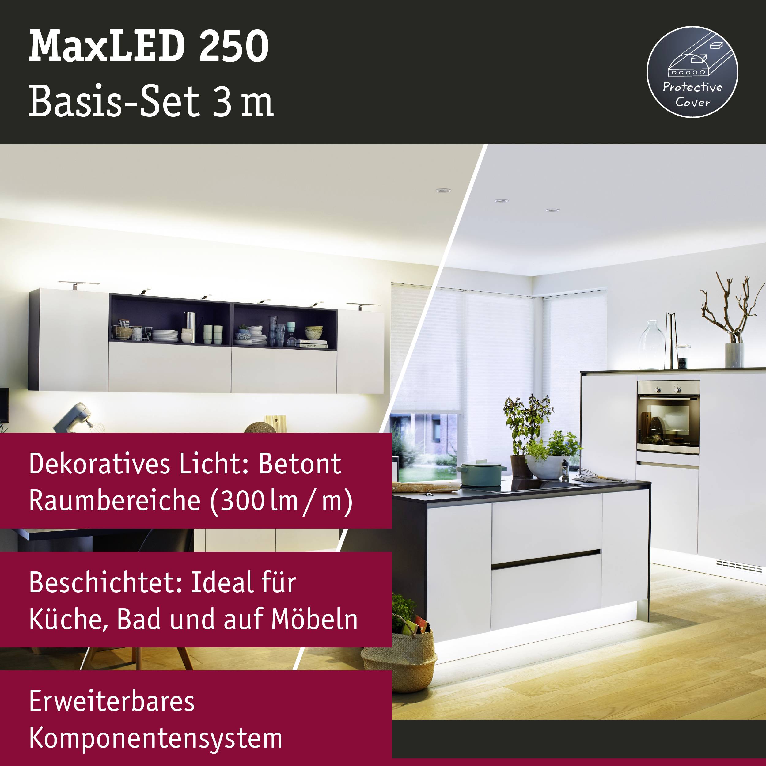 'MaxLED 250 Basis-Set 3 m' - LED-Beleuchtung in moderner Küche. Hervorhebung auf dekoratives Licht über Schränken. Erweiterbares System.