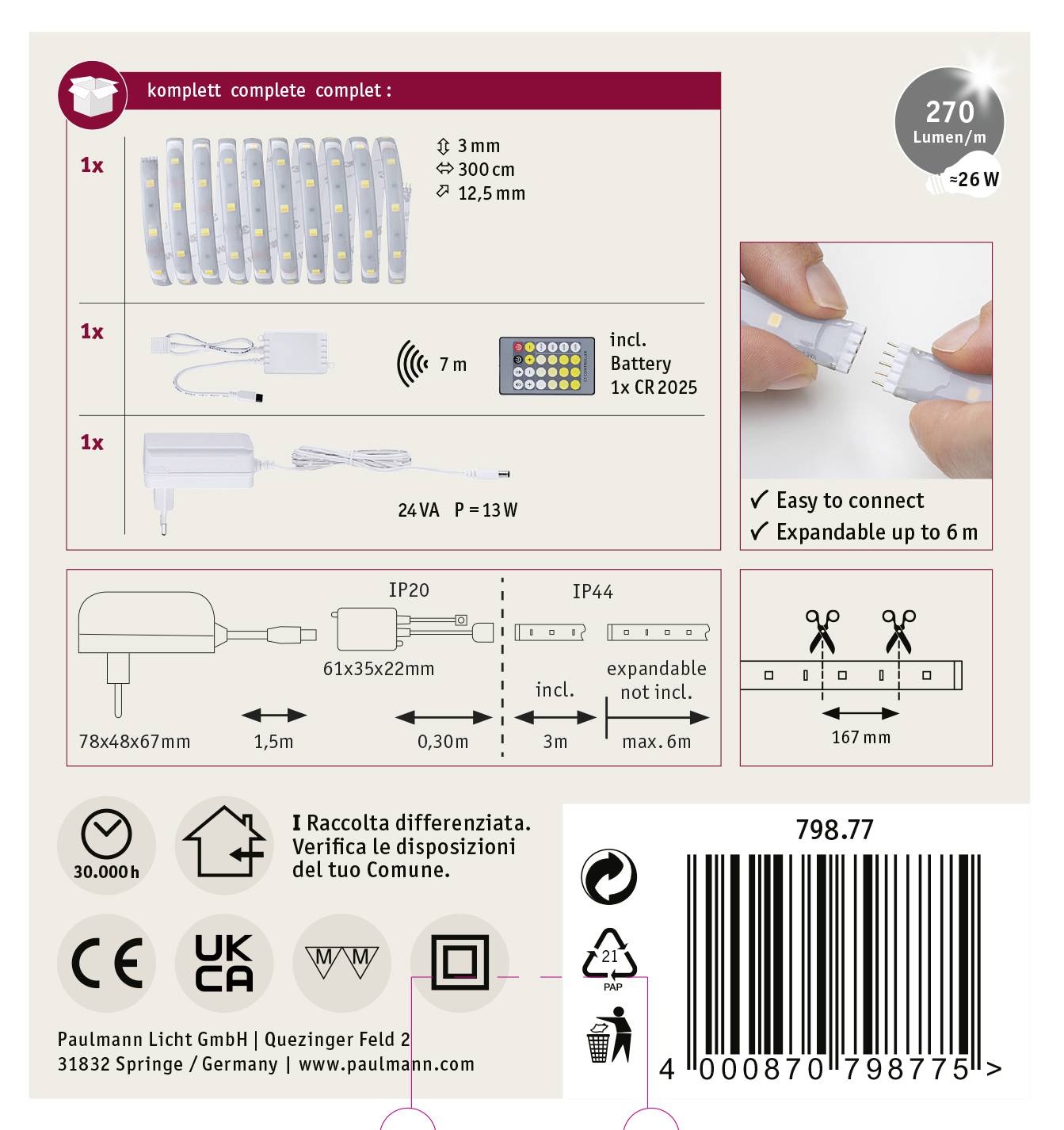 'Paulmann LED-Set mit Batterie, 3 Leisten, erweiterbar bis 6 m, 270 Lumen, 26W, CR2025 Batterie. Leicht zu verbinden mit Stecker.'
