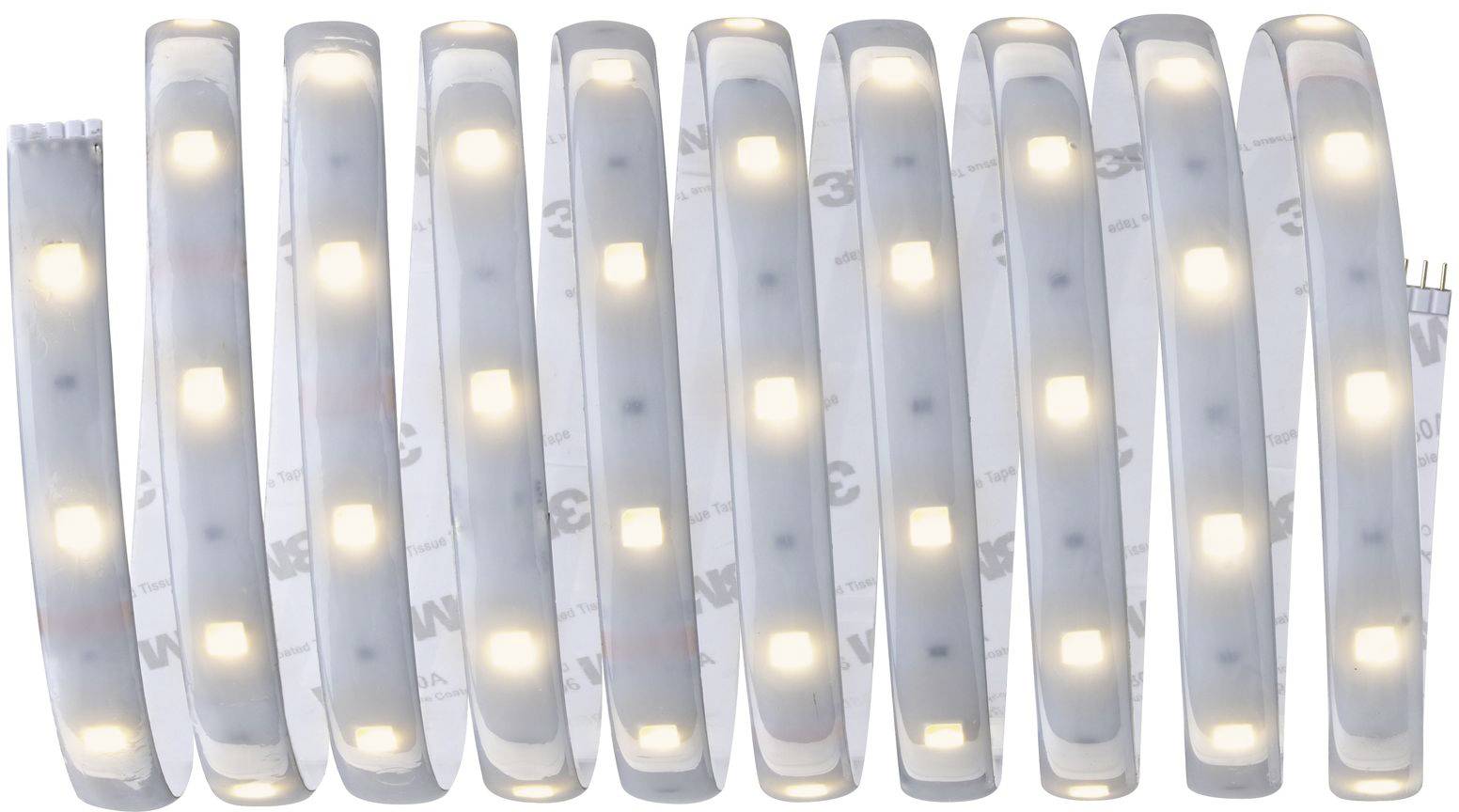 Ein gebogener LED-Streifen mit mehreren leuchtenden LEDs gleichmäßig angeordnet.