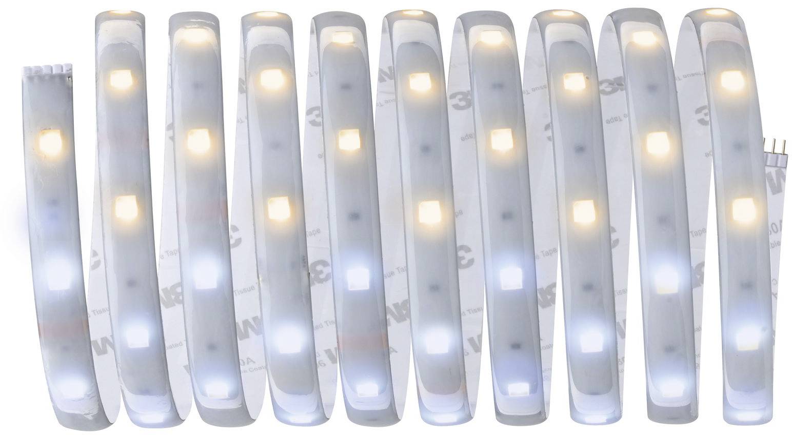 'Zehn LED-Streifen mit abwechselnd warmweißen und kühlen weißen Lichtern.'