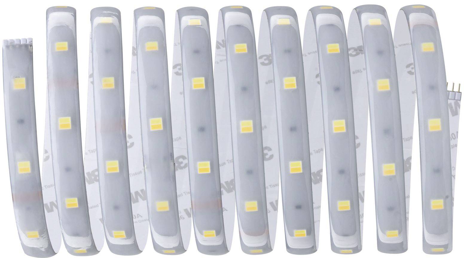 Transparentes Band mit gelben LED-Leuchten gleichmäßig verteilt, Rückseite mit 3M-Klebeschicht zur Befestigung.