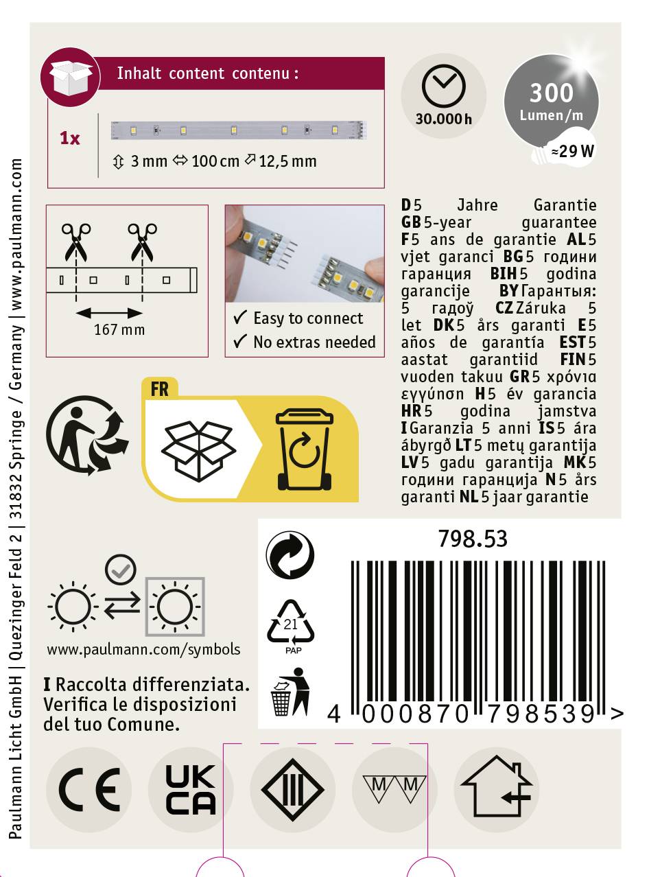 'Paulmann LED mit E27-Sockel, 300 Lumen, 30.000h Lebensdauer, 3 Jahre Garantie. Entsorgungshinweis, Verpackungsgröße, Barcode sichtbar.'