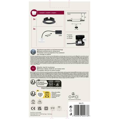 Verpackungsrückseite mit Installationsanleitung für eine Einbauleuchte. Enthält technische Skizze, Symbole für elektrische Sicherheit und Produktinfos.