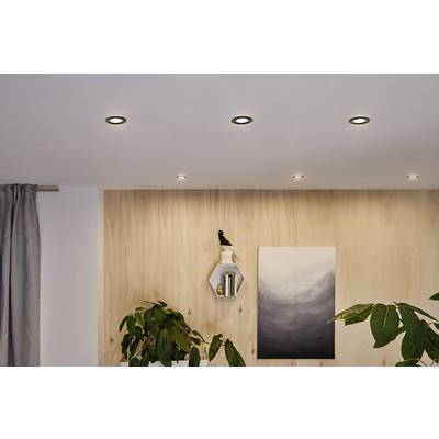 Deckenbeleuchtung in einem modernen Raum mit Holzverkleidung und Pflanzen. Eine Wand hat ein abstraktes Gemälde und ein Regal.