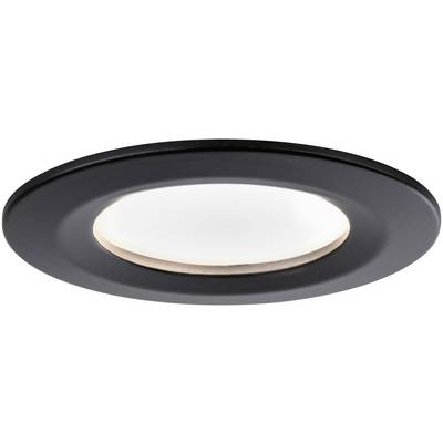 Schwarze runde Einbauleuchte mit einem zentralen, leuchtenden weißen Licht. Sie ist für Deckenmontage geeignet.