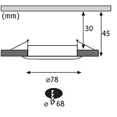 Querschnitt eines Einbauleuchtenschemas. Maße: Durchmesser 78 mm, Einbautiefe 45 mm, Einbauöffnung 68 mm.