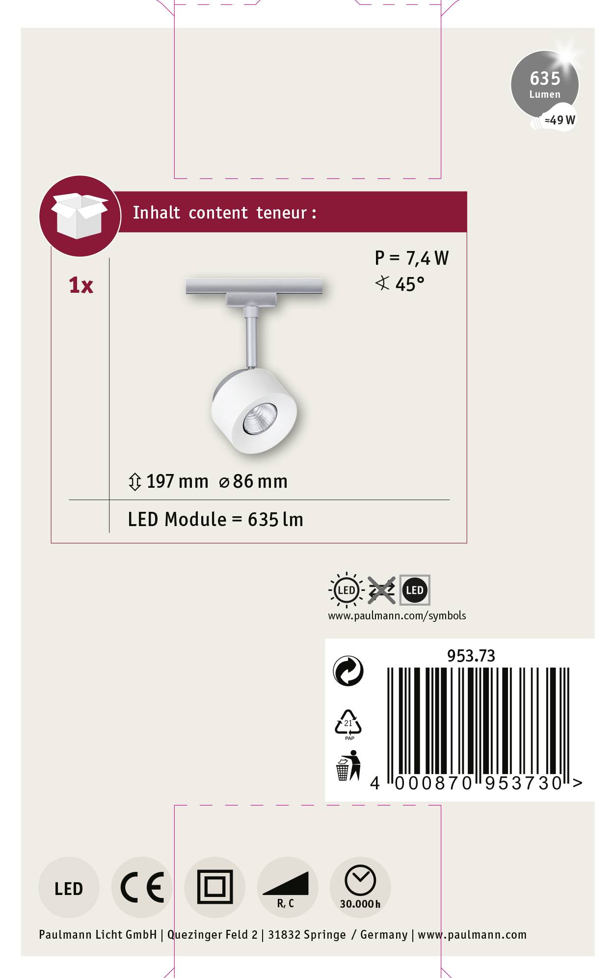 Produktverpackung: Deckenleuchte mit LED-Modul, 7,4 W, 197 mm Länge, 86 mm Durchmesser, 635 Lumen, 49 W Vergleichswert.