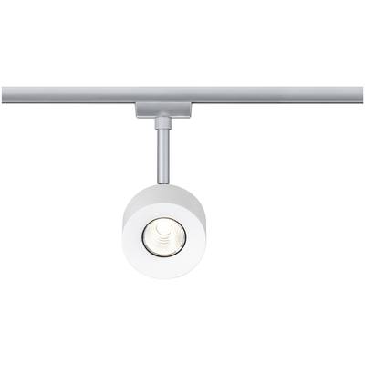 Deckenleuchte mit rundem, weißem Lampenkopf, befestigt an einer horizontalen Schiene, ideal für fokussiertes Licht.