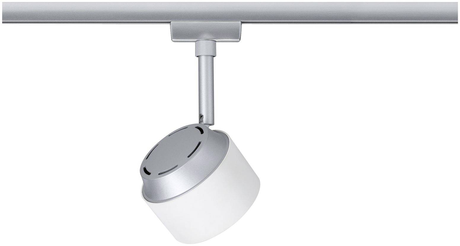 Ein moderner silberfarbener Deckenstrahler mit rundem LED-Lichtkopf ist an einer Stange montiert. Optimal zur gezielten Beleuchtung.