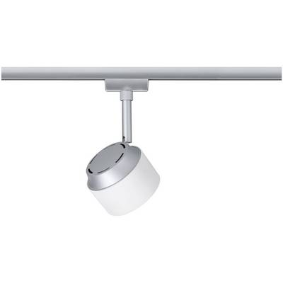 Ein moderner silberfarbener Deckenstrahler mit rundem LED-Lichtkopf ist an einer Stange montiert. Optimal zur gezielten Beleuchtung.