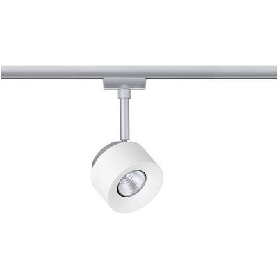 Eine schwenkbare Deckenleuchte mit modernem, rundem Design, montiert an einer silbernen Metallschiene für gerichtete Beleuchtung.