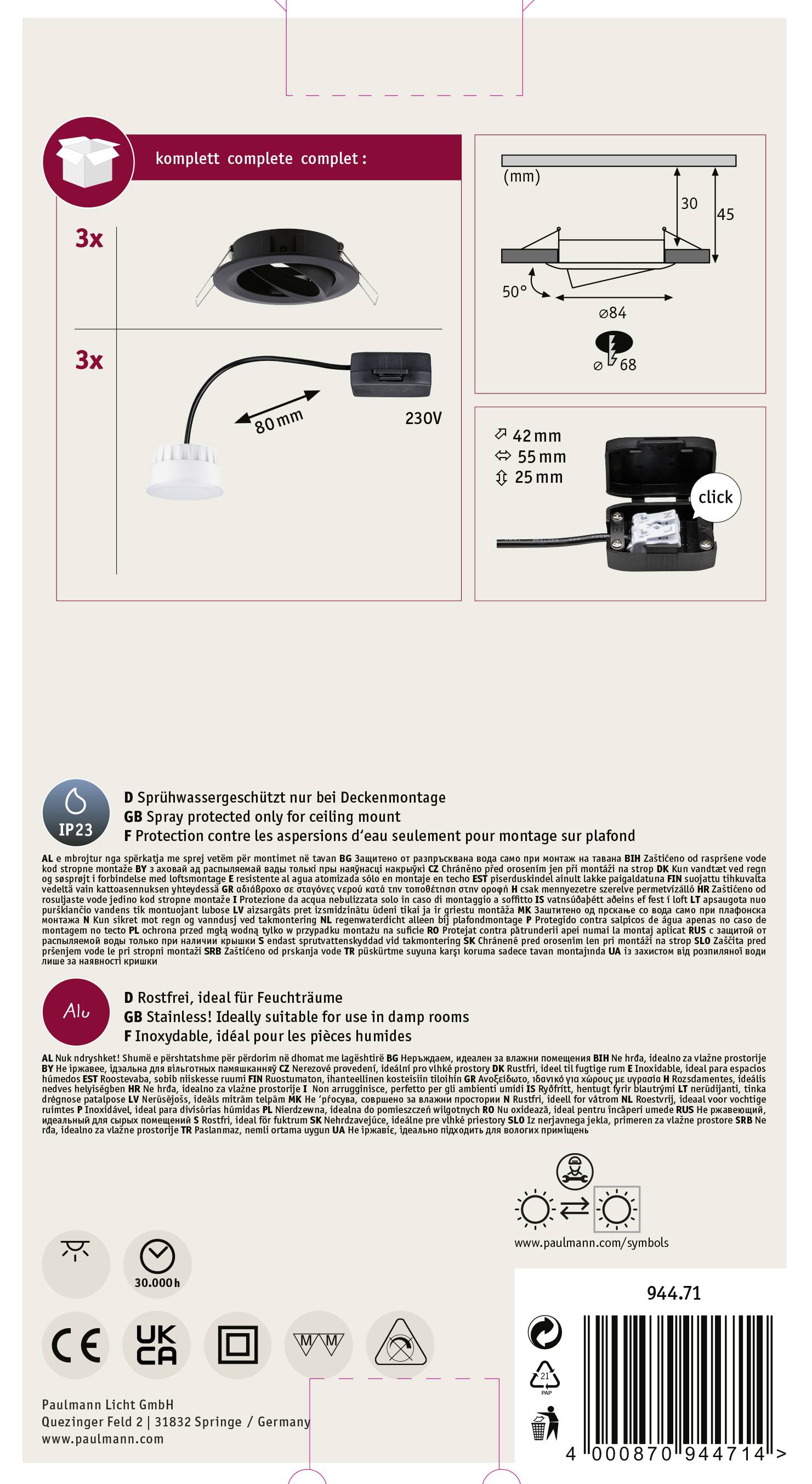 Verpackungsrückseite mit Montageanleitung für eine Deckenlampe, zeigt Bild von Kabeln, Spannungshinweisen und Schutzklasse IP23.