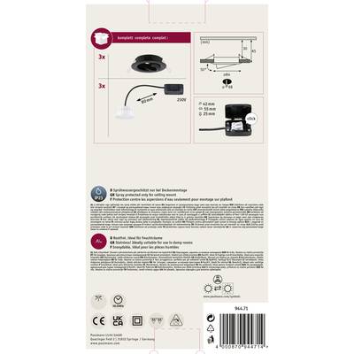 Verpackungsrückseite mit Montageanleitung für eine Deckenlampe, zeigt Bild von Kabeln, Spannungshinweisen und Schutzklasse IP23.