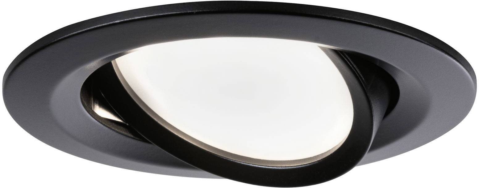 Schwarze, einstellbare Einbauleuchte mit rundem Rahmen und großer, zentraler LED-Lichtquelle. Geeignet für moderne Innenräume.