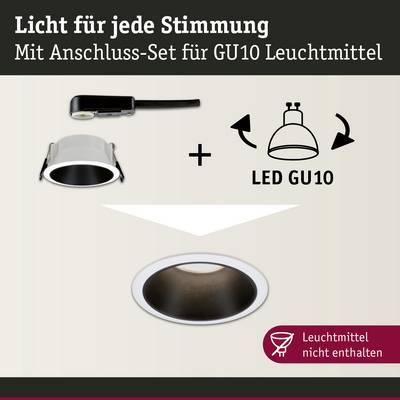 'Licht für jede Stimmung. Mit Anschluss-Set für GU10 Leuchtmittel. Leuchtmittel nicht enthalten. Abbildung von LED GU10 Setup.'