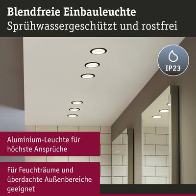 Einbauleuchten in einer Decke mit IP23-Schutz. Geeignet für Feuchträume und überdachte Außenbereiche. Aluminium, rostfrei und blendfrei.