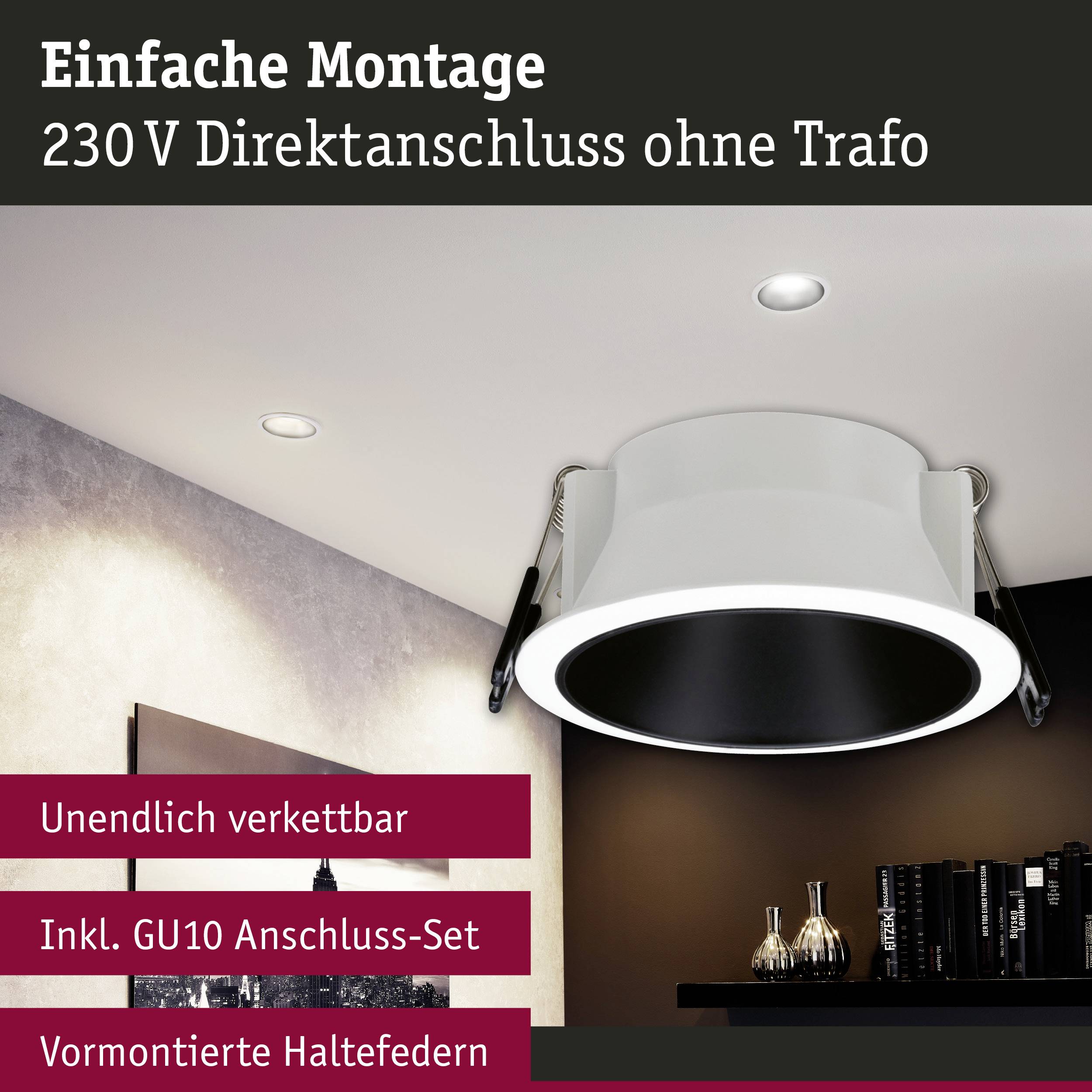 'Einbauleuchte in Raumdecke, direkter 230V Anschluss ohne Trafo. Unendlich verkettbar, inklusive Anschluss-Set mit Federklemmen.'