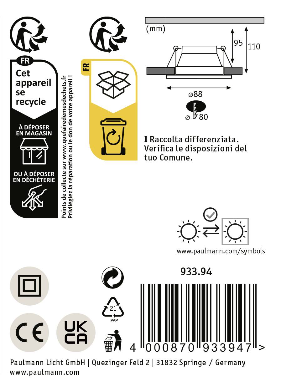 'Leggere le istruzioni prima dell'uso.' Etikett mit Recyclinghinweisen und technischen Details zu einem Produkt, inkl. Symbole und Codes.