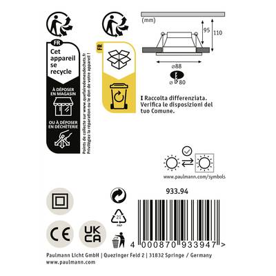 'Leggere le istruzioni prima dell'uso.' Etikett mit Recyclinghinweisen und technischen Details zu einem Produkt, inkl. Symbole und Codes.