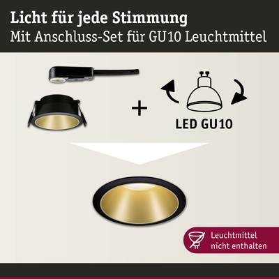 Ein schwarzer Einbaurahmen für GU10-LED-Leuchtmittel wird gezeigt. Text: 'Licht für jede Stimmung', 'Leuchtmittel nicht enthalten'.